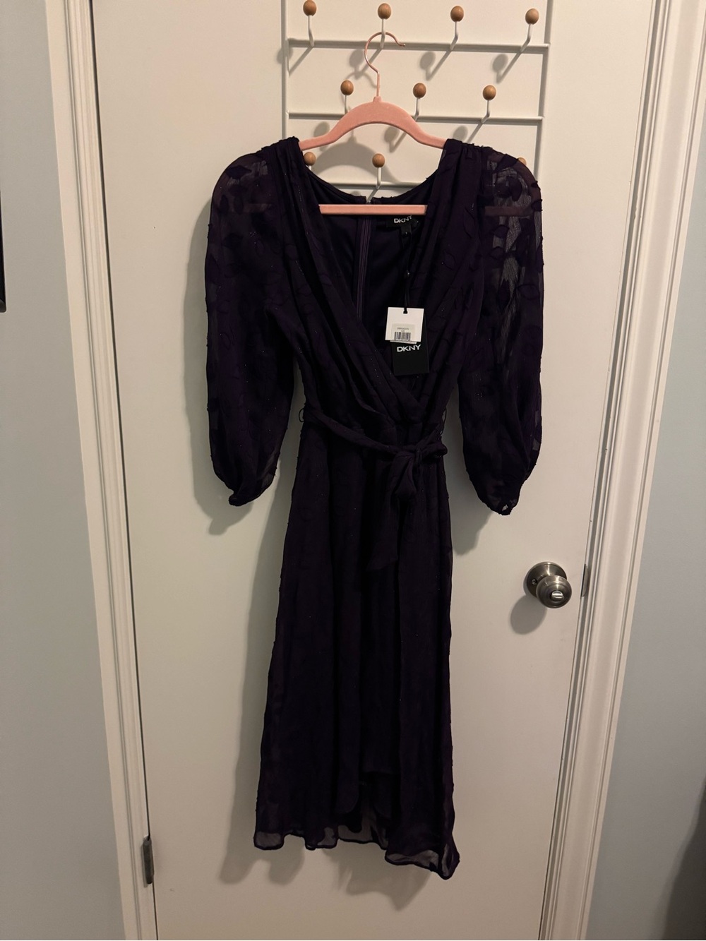 DKNY Plum Wrap Midi Dress with Puff Sleeves and sparkly threads